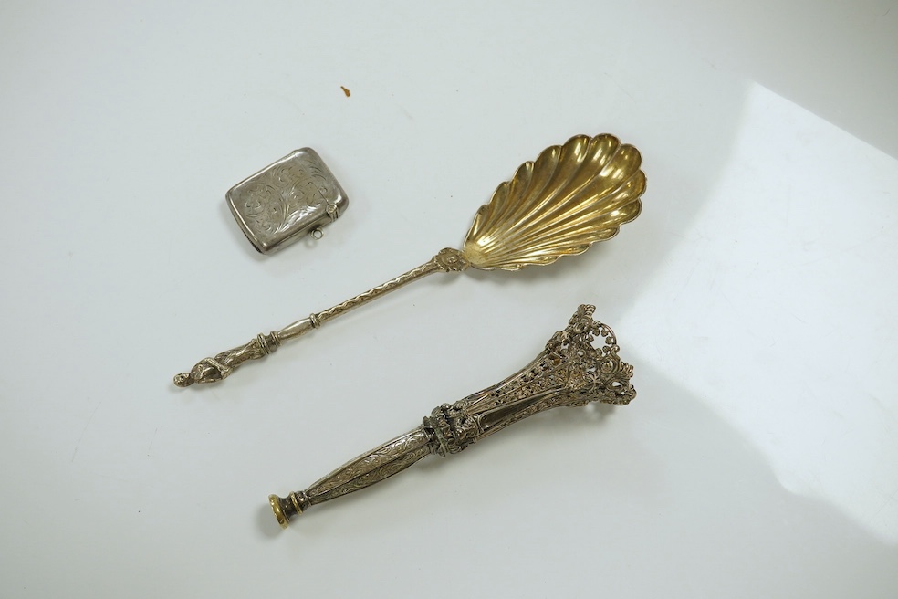 A group of assorted small silver and white metal wares including a white metal posy holder and an Indian white metal measuring cup, 9.5oz of hallmarked silver. Condition - fair to good.